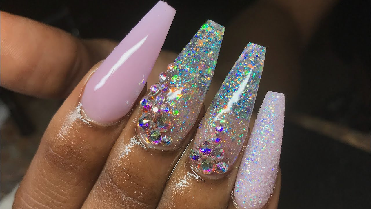 Coffin Nails With Glitter
 Pink coffin glitter nails