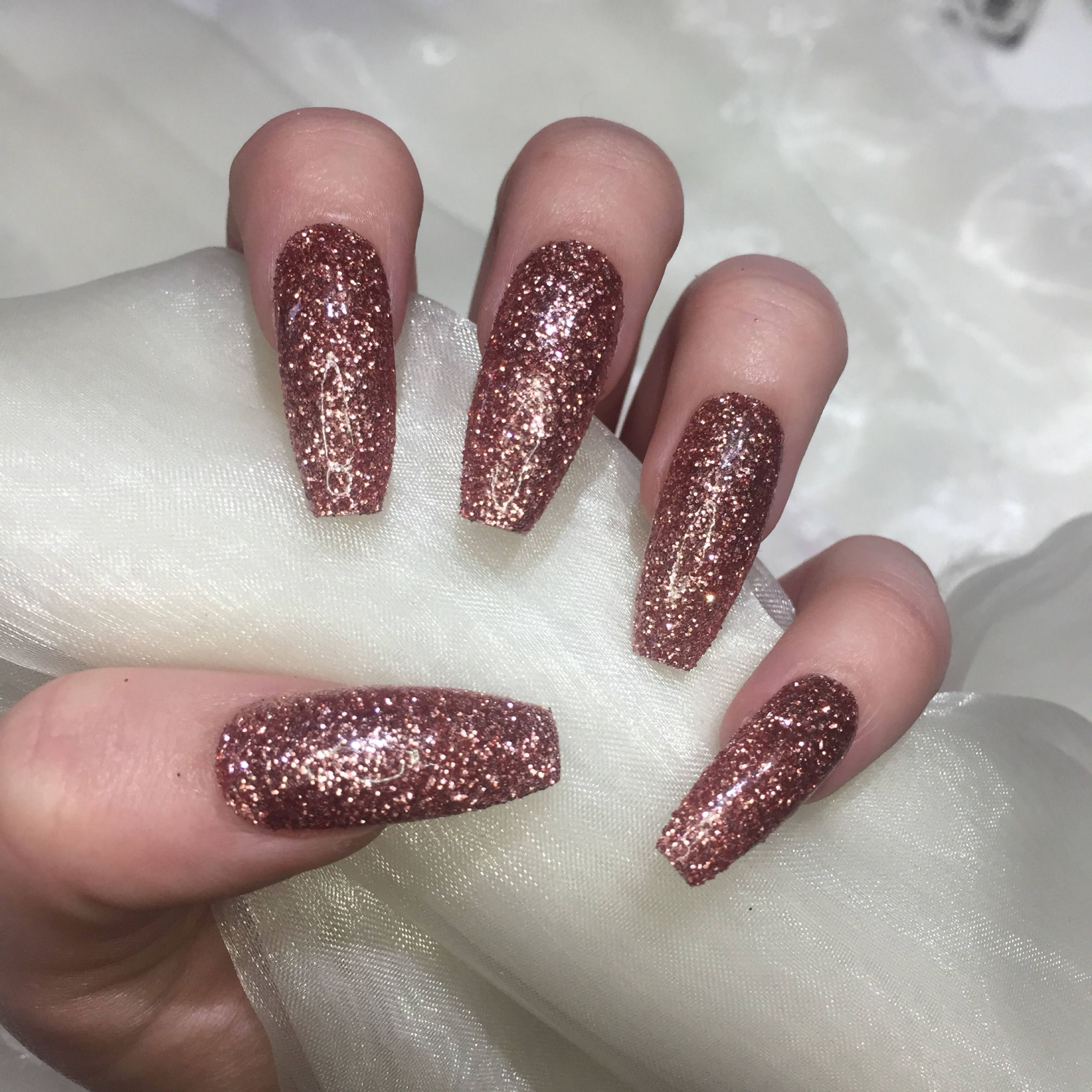 Coffin Nails With Glitter
 Extra Long Coffin Rose Gold Glitter Coffin False Nails