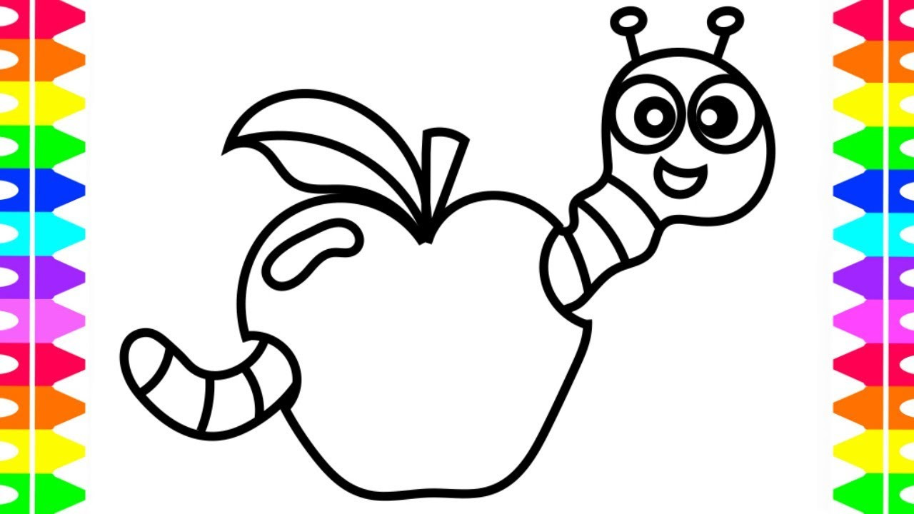 Coloring Page For Kids
 LEARN HOW TO DRAW AND COLOR CUTE CARTOON WORM EATING APPLE
