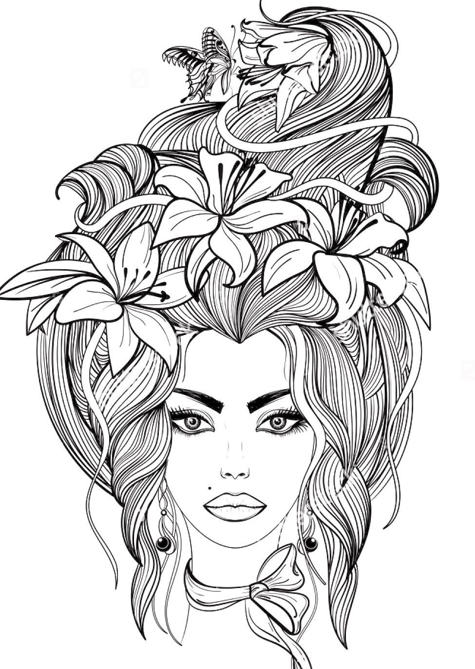 Coloring Pages Of Girls For Adults
 Portrait of a girl with lily flowers and butterfly in her