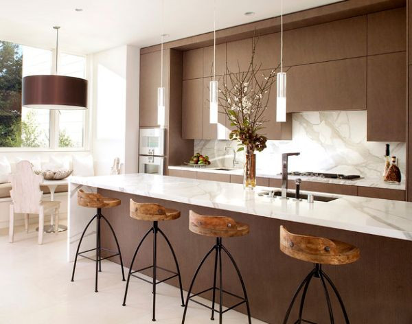 Contemporary Kitchen Island Lighting
 Glass countertop and pendant lights with metallic tinge