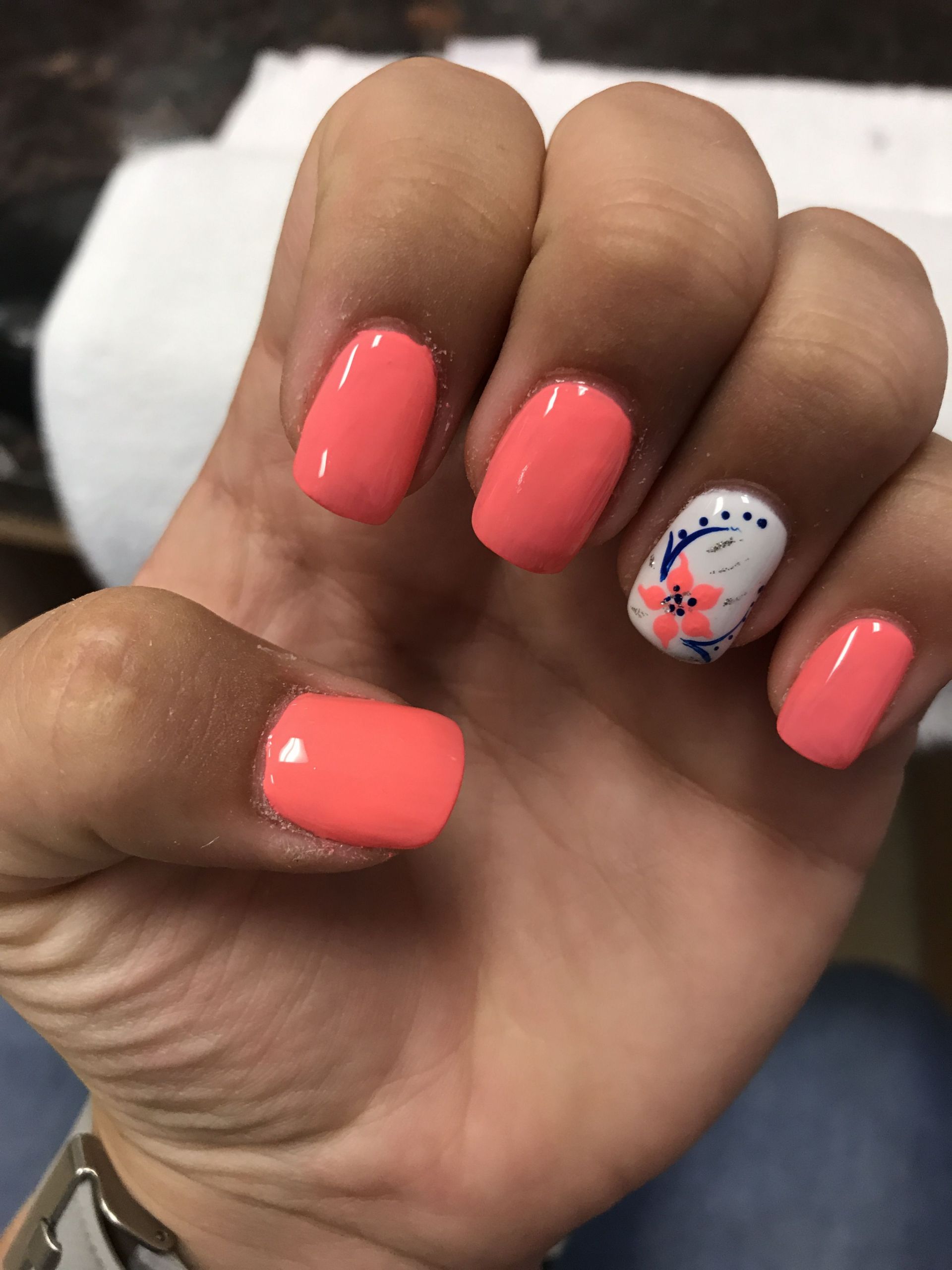 Coral Nail Ideas
 Coral and white flower nails Nails