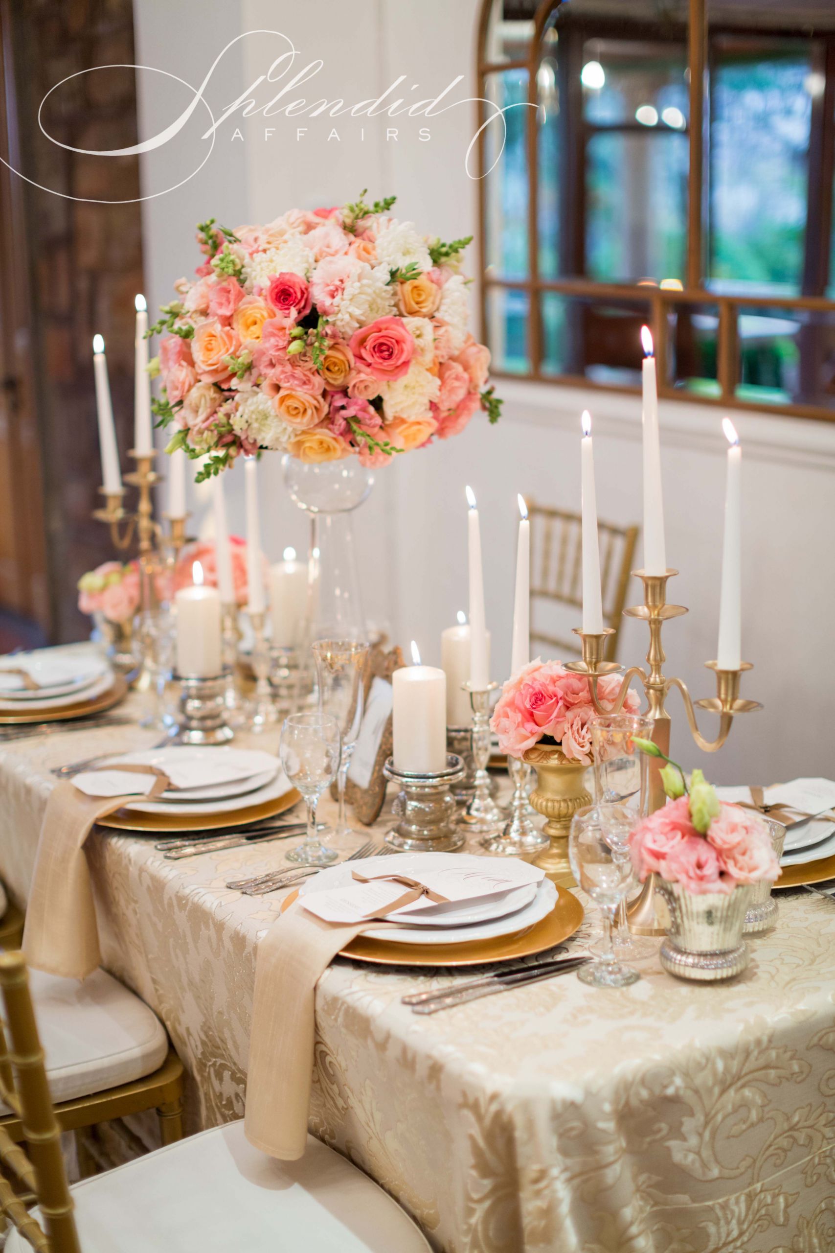 Coral Wedding Decor
 Elegant coral and gold wedding reception inspirations
