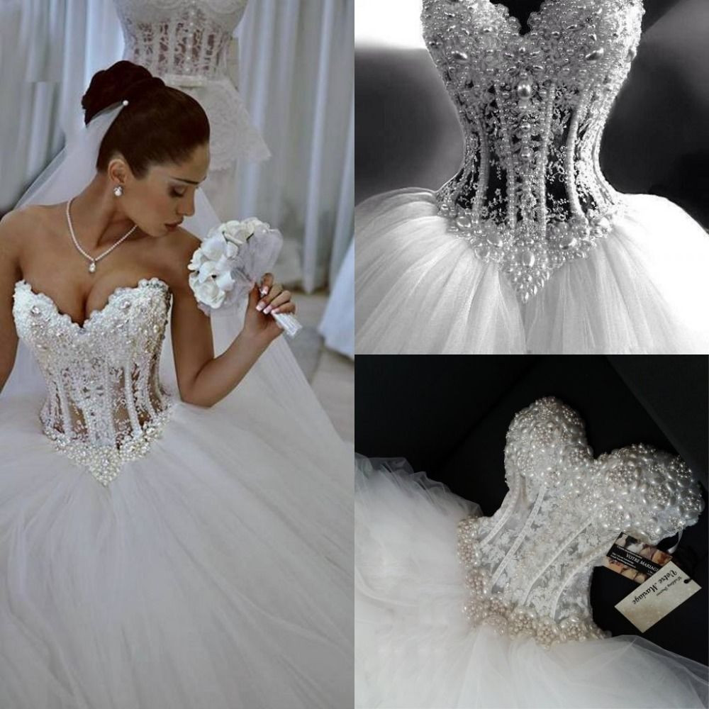 Corset Wedding Dresses
 Sparkly Ball Gown Corset Wedding Dress Pearls Sweetheart