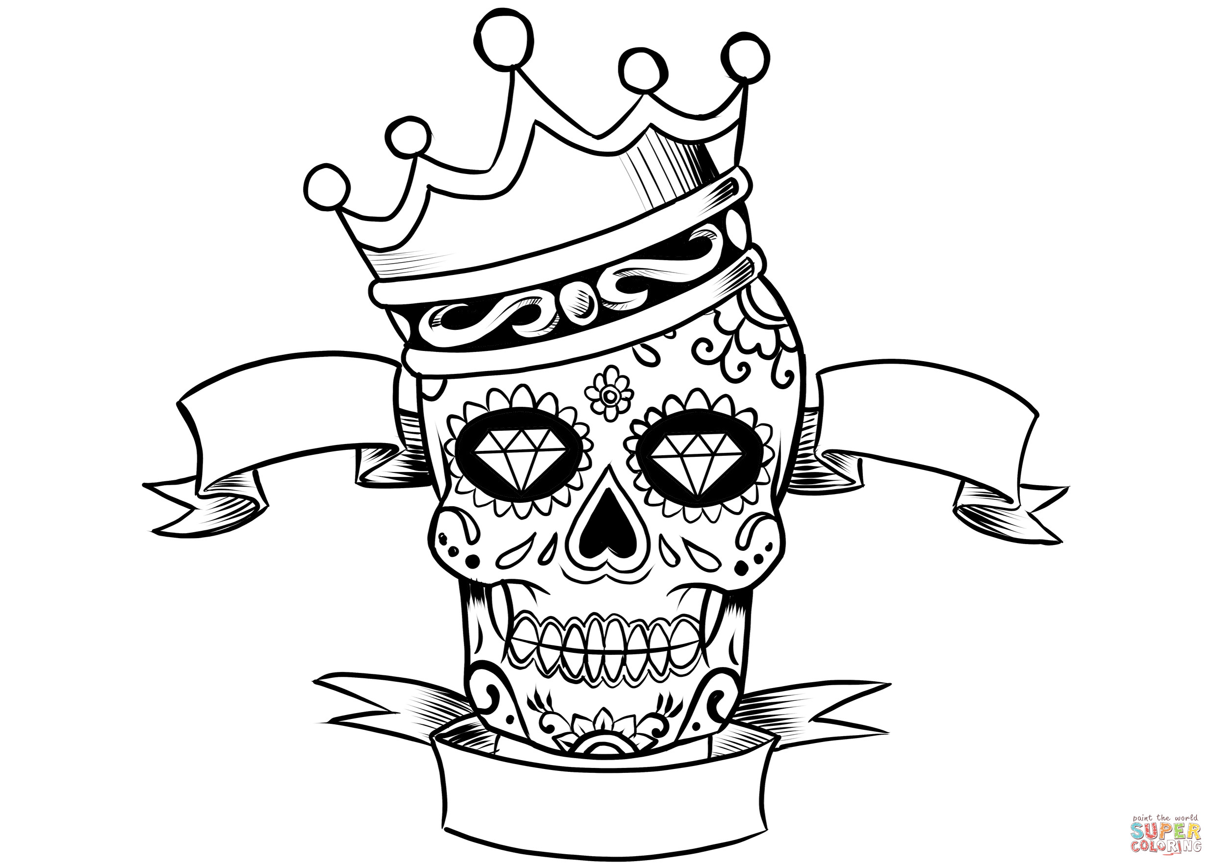 Crown Coloring Pages Printable
 Sugar Skull with Crown coloring page