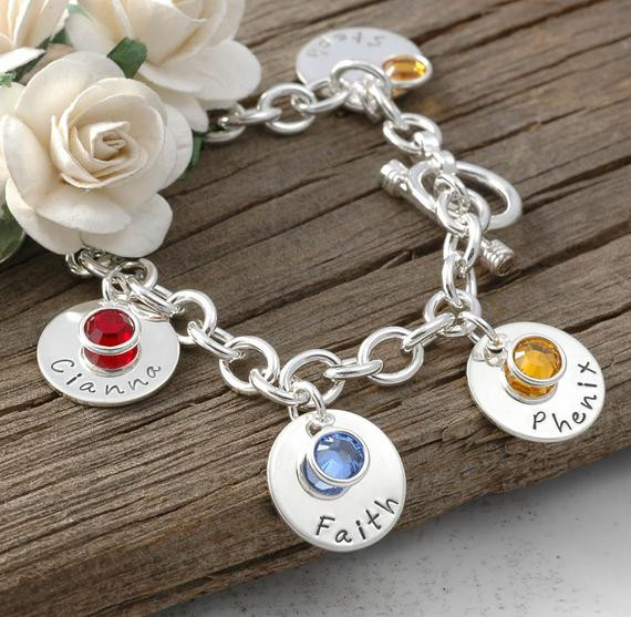 Custom Charm Bracelet
 Six disc Personalized name Charm bracelet with birthstones