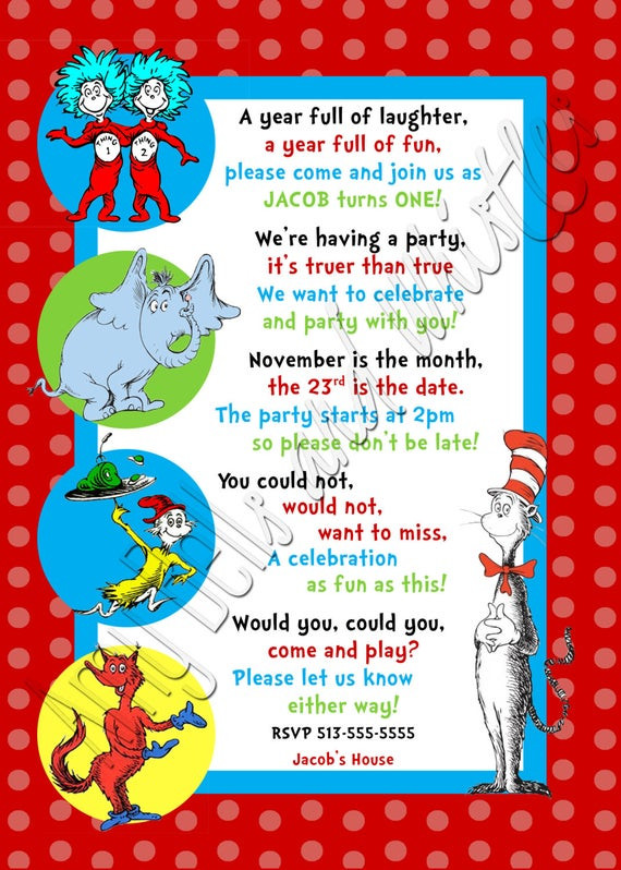 Customizable Birthday Invitations
 Custom Personalized Dr Seuss Inspired 1st by