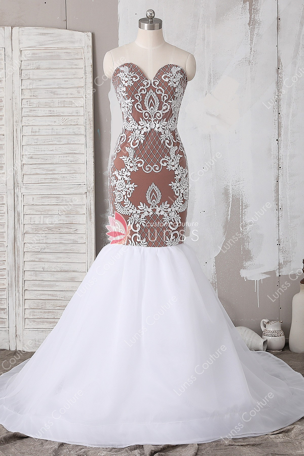 Customize Wedding Dress
 Ivory Custom Made Lace Tulle Dark Nude Strapless