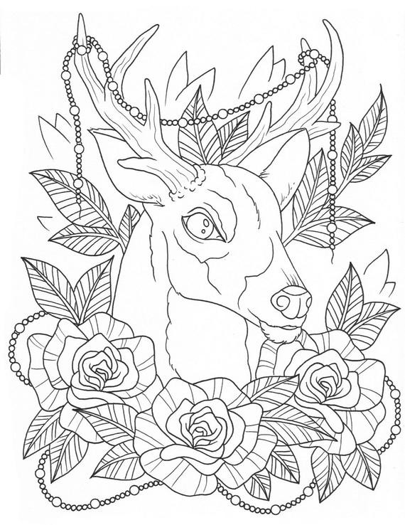 Deer Coloring Pages For Adults
 Deer Tattoo Coloring Page Digital Download by OldCrowCustoms
