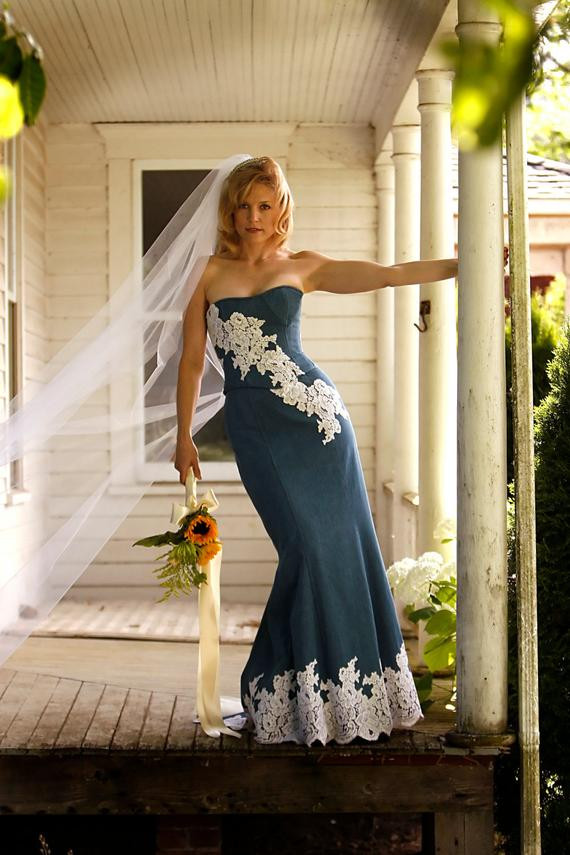 Denim Wedding Gowns
 Unique Denim and Lace Country Wedding Dress by BellaVittoria