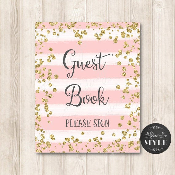 Digital Wedding Guest Book
 Pink and Gold Guest Book Sign Digital Printable Wedding Sign