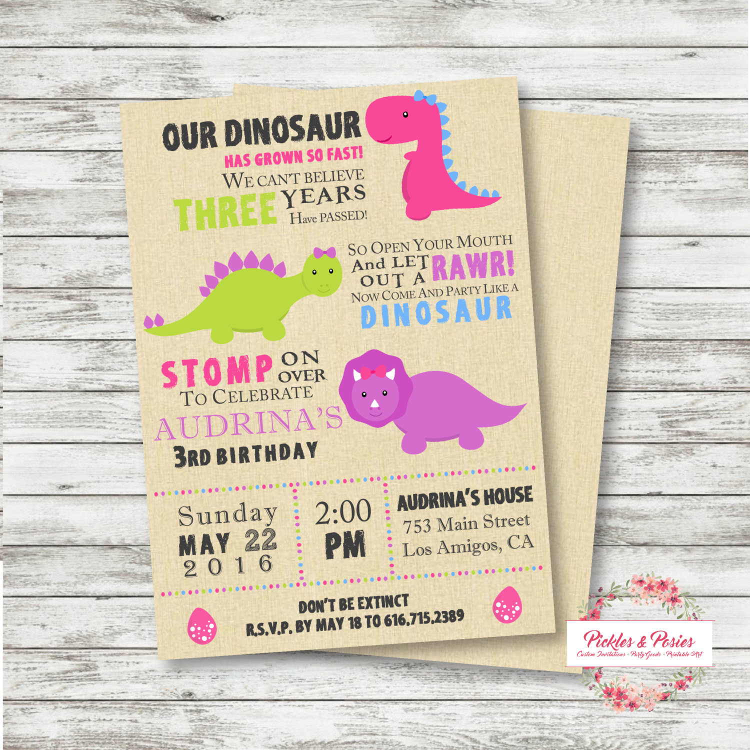Dinosaur Birthday Party Invitations
 Girls Dinosaur Birthday Invitation Pink Dinosaur Invitation