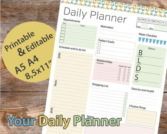 DIY Daily Planners
 Day planner Printable Daily Planner Editable Daily Organizer