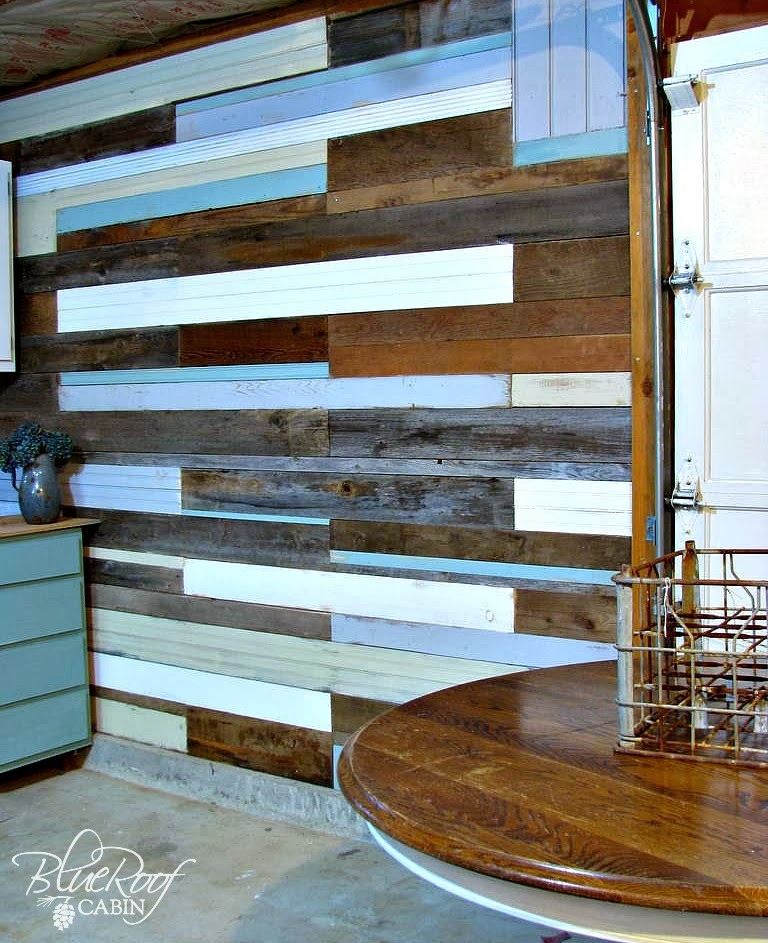 DIY Planked Wall
 blue roof cabin DIY Plank Wall
