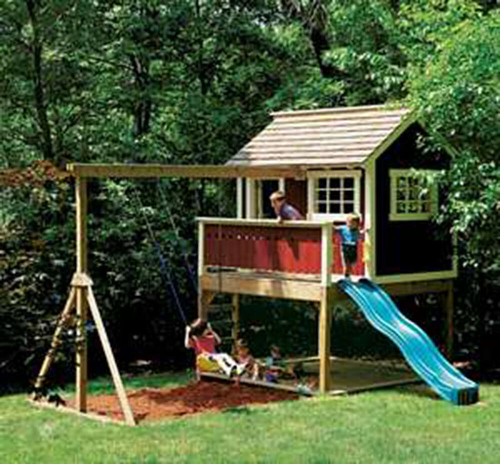 DIY Playhouse Plans
 Kids Outdoor Wooden Playhouse Swing Set Detailed Plan