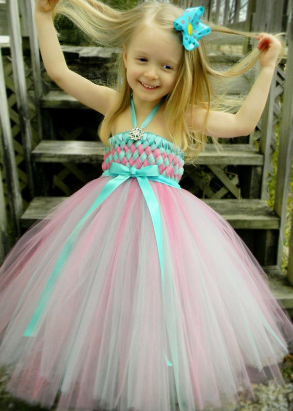 DIY Tutu Dresses For Toddlers
 Flower Girl Woven Tutu Dress in Robin Egg Blue and Pink 2t 5t