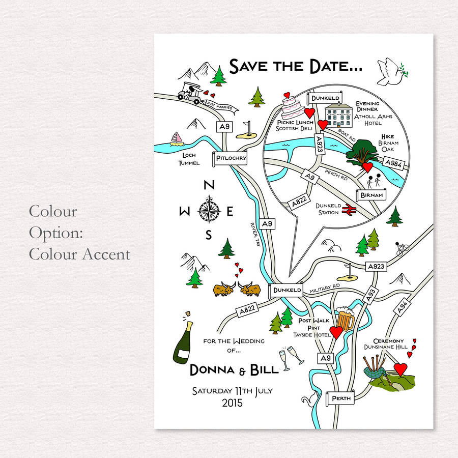 DIY Wedding Map
 print your own colour wedding or party illustrated map by