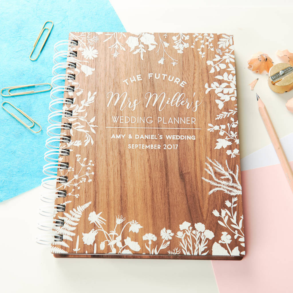 DIY Wedding Planner Book
 personalised walnut wedding notebook by oakdene designs