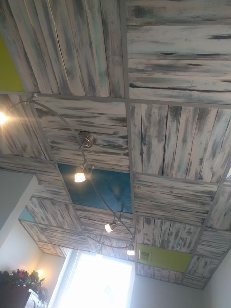DIY Wood Ceiling Panels
 diy pallet board ceiling in place of drop ceiling tiles