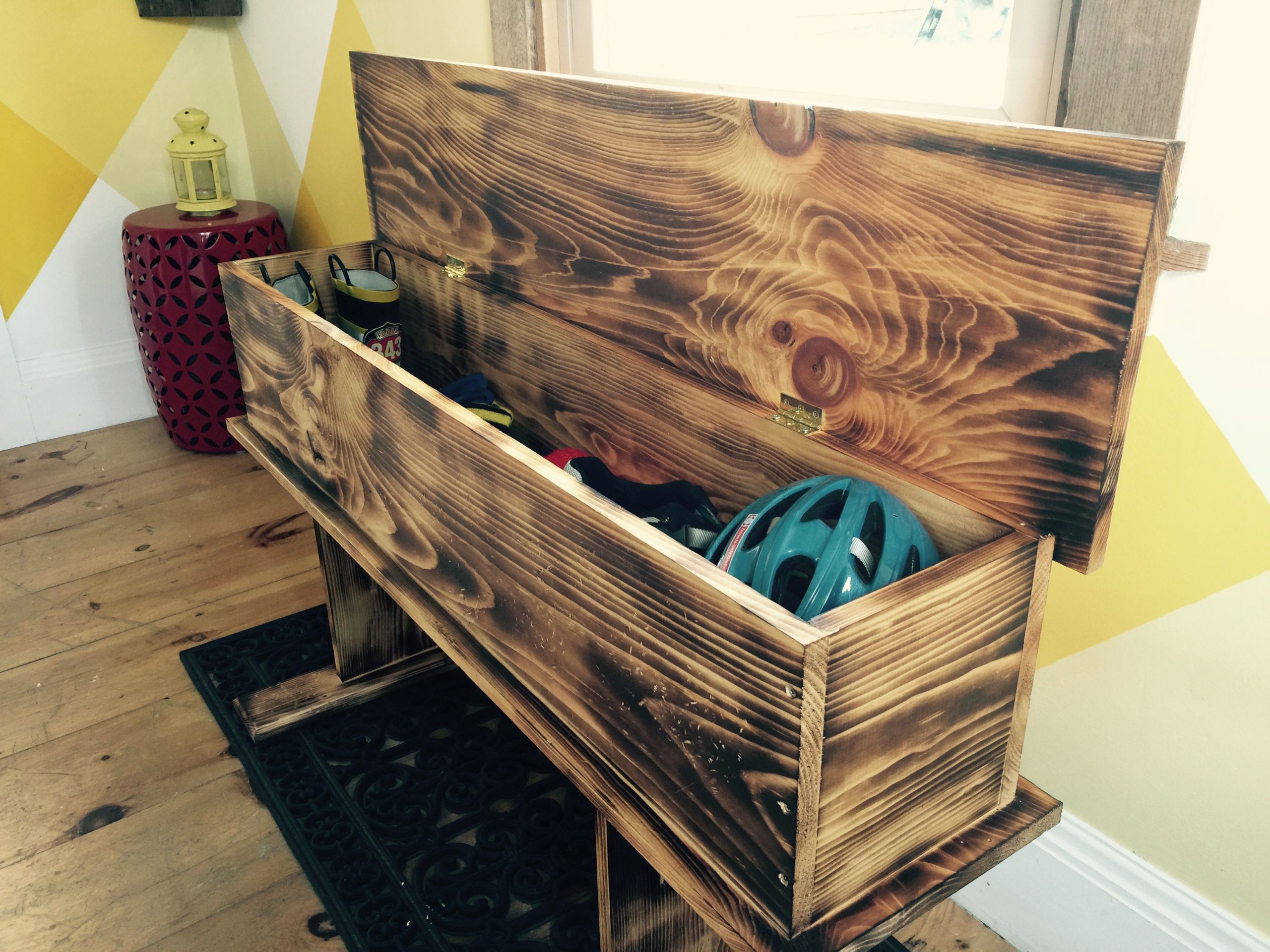 DIY Wooden Storage
 Love rustic How to make a burnt wood storage bench