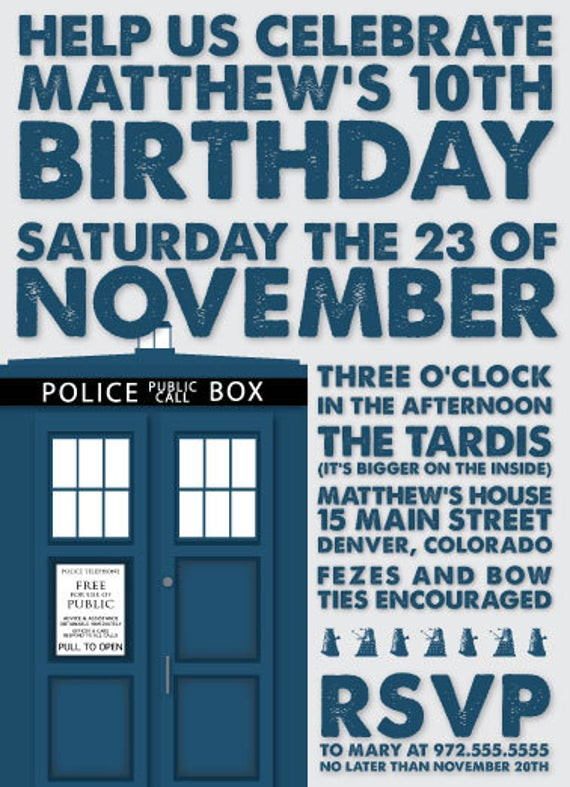 Doctor Who Birthday Invitations
 Doctor Who Birthday Invitation by lilbackpackdesigns on Etsy
