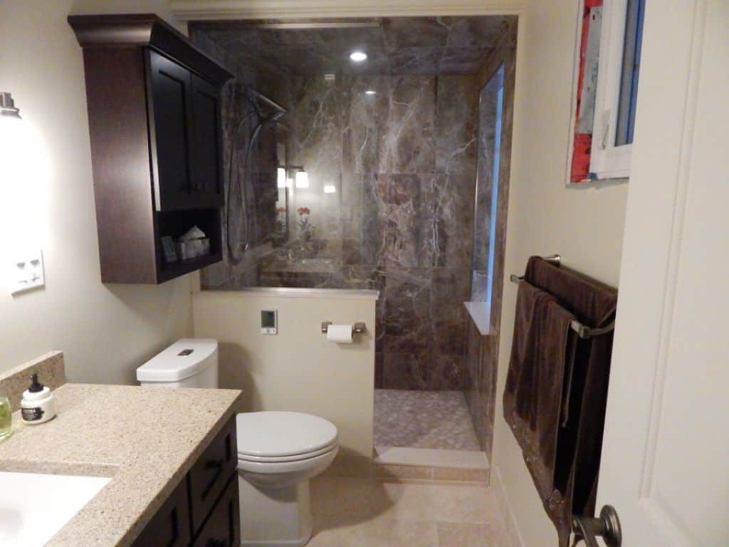 Doorless Shower For Small Bathroom
 Narrow Bathroom With Over Toilet Cabinet And Doorless Walk