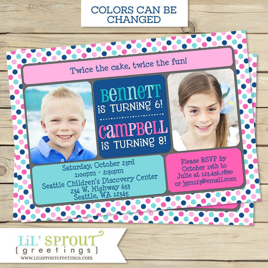 Double Birthday Party Invitations
 SIBLING BIRTHDAY Party Invitation Boy or Girl Double
