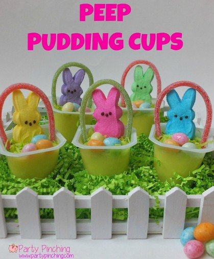 Easy Easter Party Ideas
 Easter peep pudding cups bunny Peeps with candy basket handle