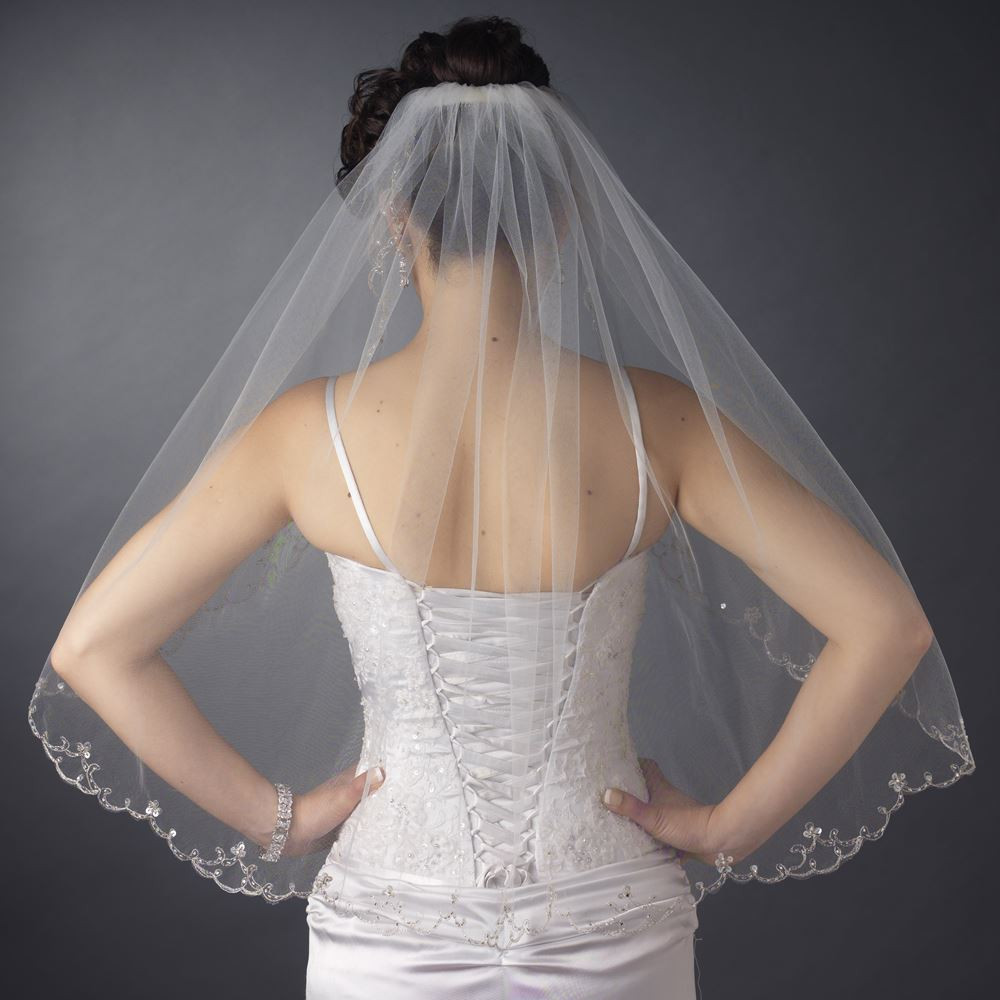 Elbow Length Wedding Veils
 Ivory Elbow Length Bridal Wedding Veil with Beaded Silver