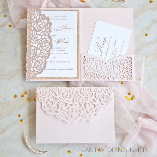 Elegant Wedding Invites Coupon
 blush pink and gold rose backer and lace pocket wedding