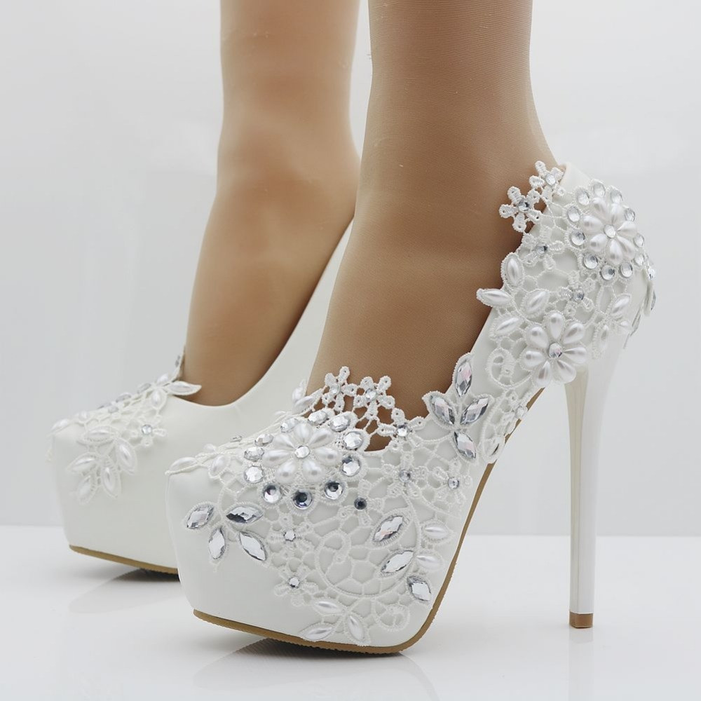 Elegant Wedding Shoes
 Elegant heels fashion white lace flower rhinestone pumps