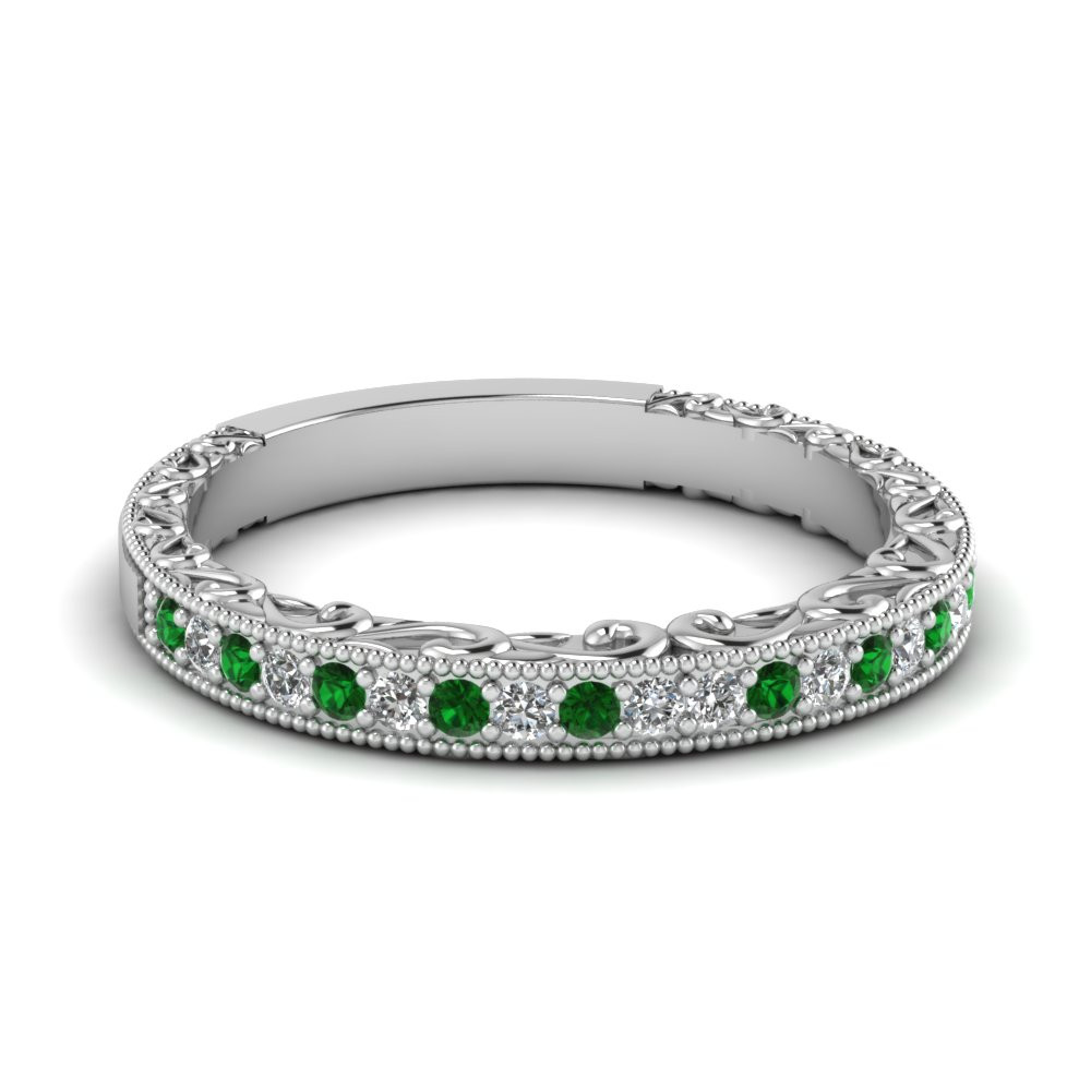 Emerald And Diamond Wedding Band
 Milgrain Hand Engraved Diamond Wedding Band With Emerald