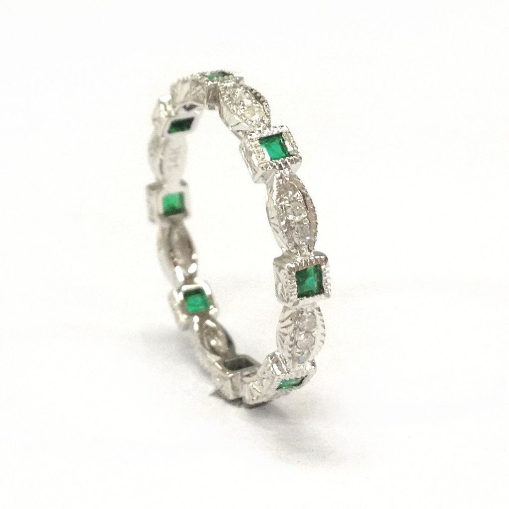 Emerald And Diamond Wedding Band
 $379 Princess Emerald Diamond Wedding Band Art Deco