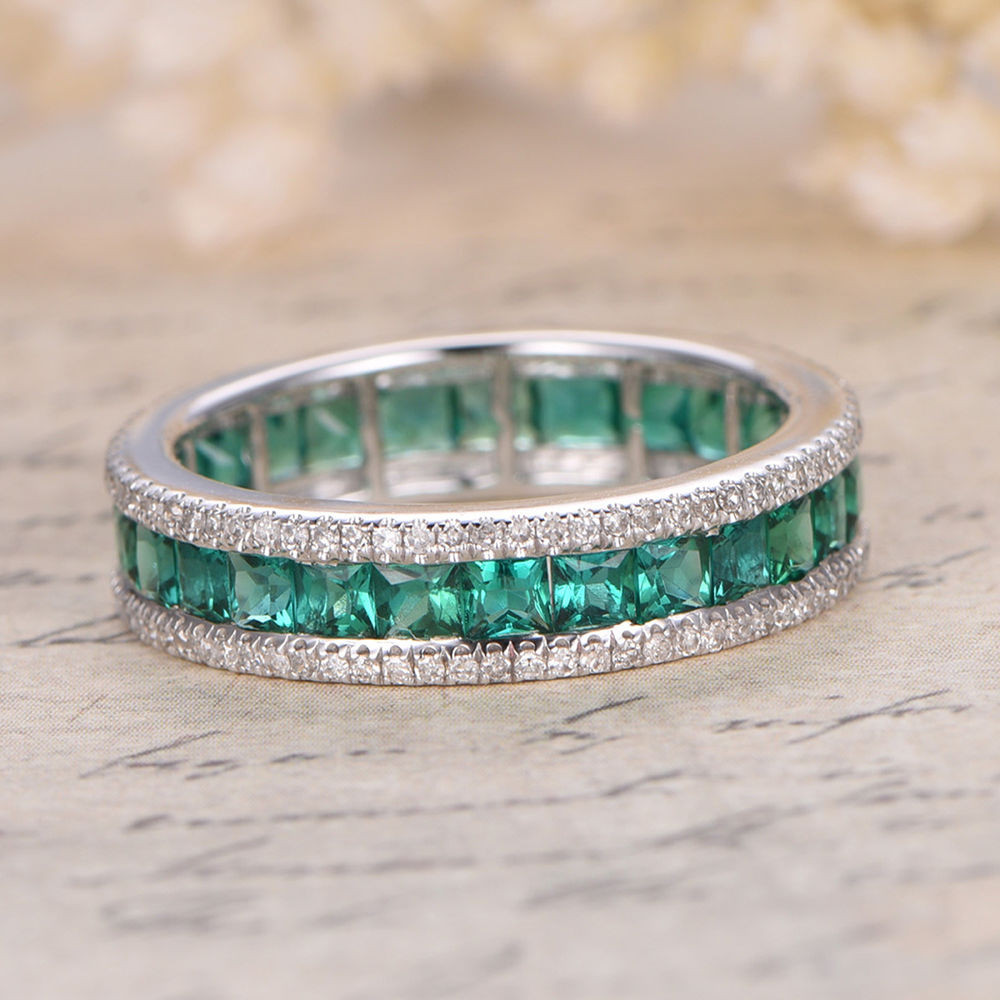 Emerald And Diamond Wedding Band
 Princess Cut Green Emerald Pave Diamond Wedding Eternity