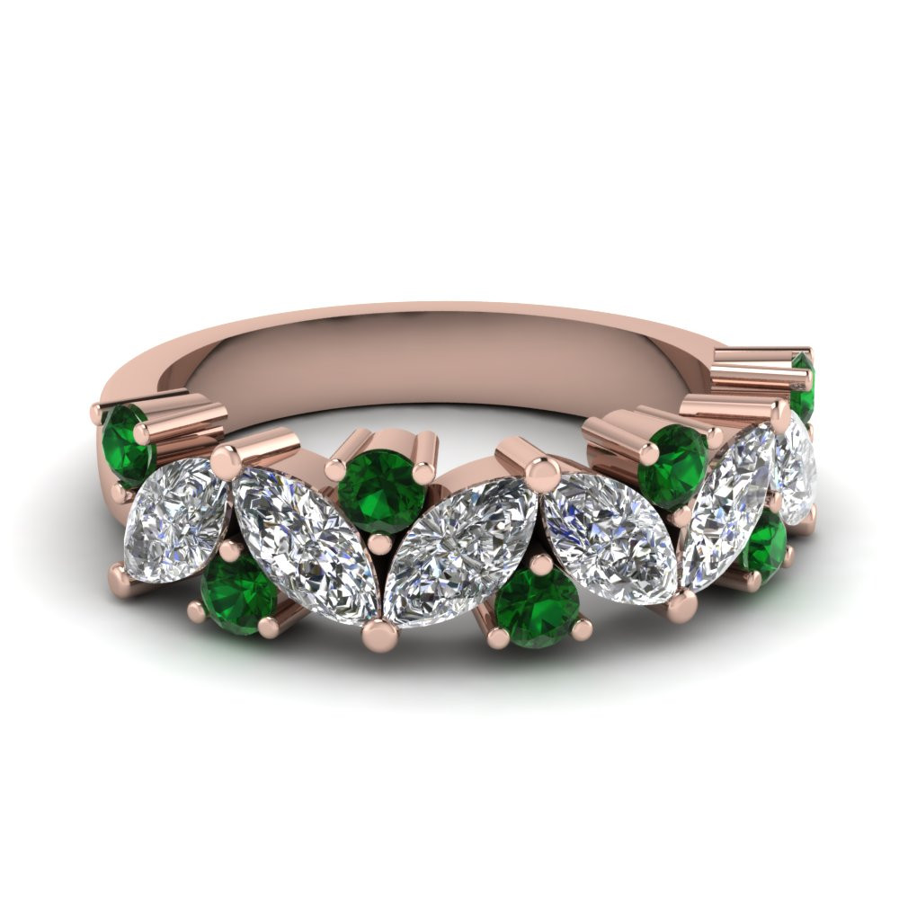 Emerald And Diamond Wedding Band
 Marquise Diamond Wedding Ring With Emerald In 14K Rose