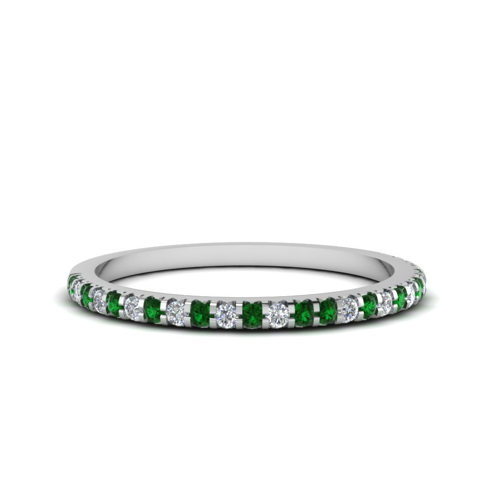 Emerald And Diamond Wedding Band
 Thin Round Diamond Band With Emerald In 14K White Gold