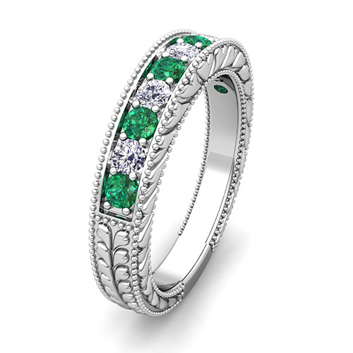 Emerald And Diamond Wedding Band
 Vintage Diamond and Emerald Wedding Ring Band in Platinum