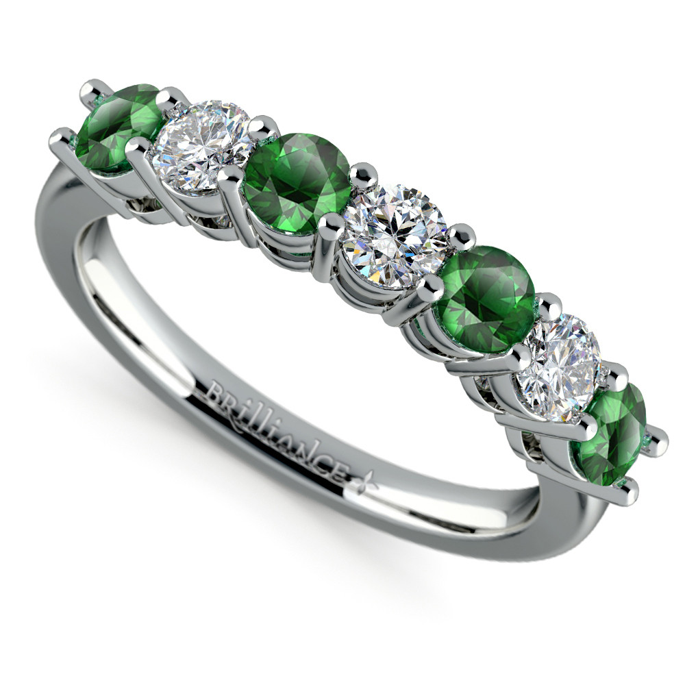 Emerald And Diamond Wedding Band
 Seven Diamond & Emerald Wedding Ring in Platinum