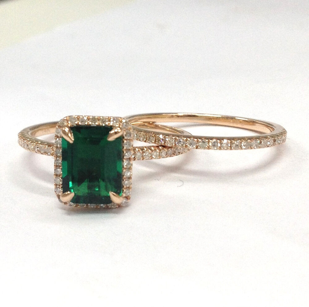 Emerald And Diamond Wedding Band
 2 Ring Sets Green Emerald with Diamond Wedding Engagement