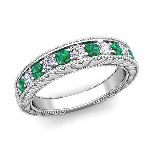Emerald And Diamond Wedding Band
 Vintage Diamond and Emerald Wedding Ring Band in 18k Gold