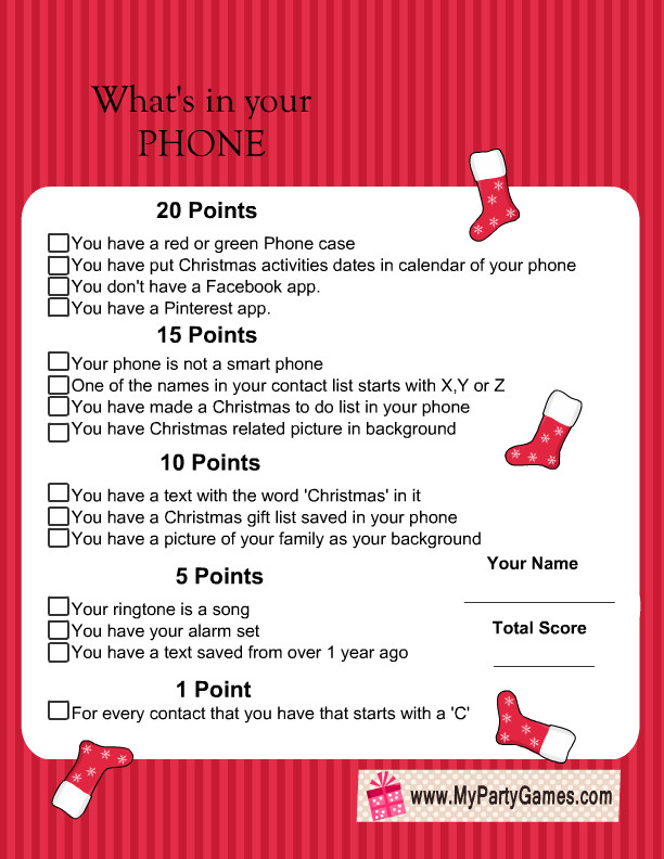 Enjoyable Office Christmas Party Games Ideas
 Free Printable What s in Your Phone Christmas Game