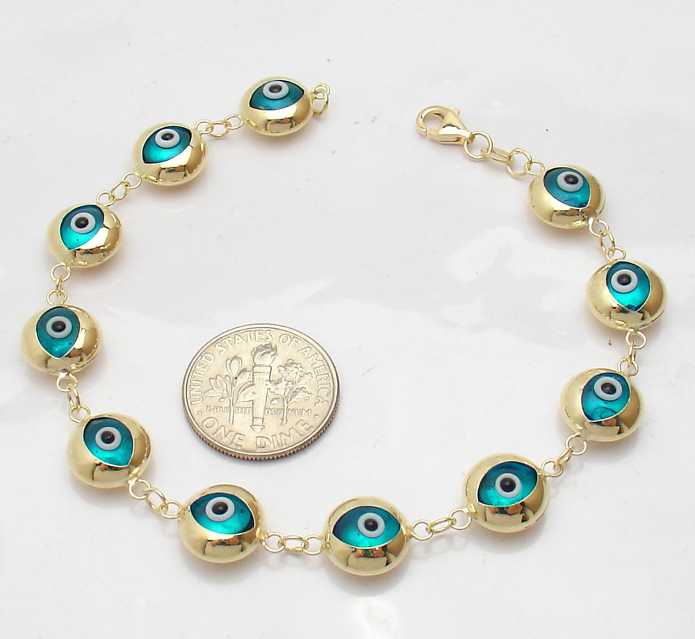 Evil Eye Bracelet Gold
 All Polished Ocean Blue Round Evil Eye Bracelet Real 14K