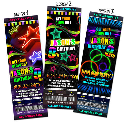 Evites For Birthday Party
 Neon Glow BIRTHDAY PARTY INVITATION TICKET CARD INVITE
