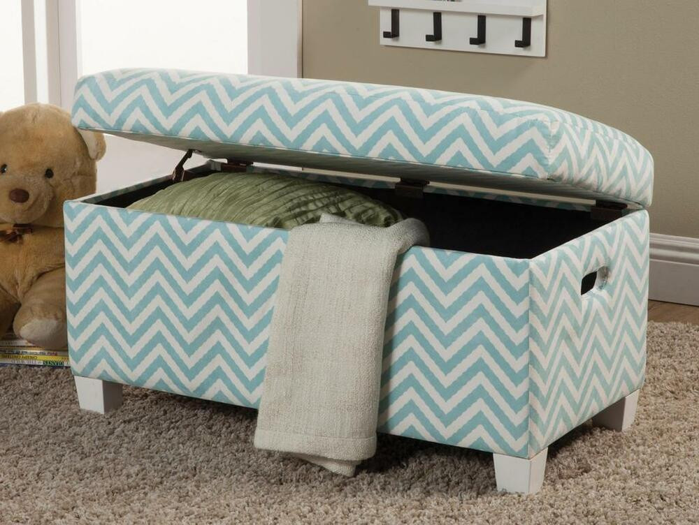 Fabric Bench With Storage
 Upholstered Storage Bench in Blue Fabric Chevron Pattern