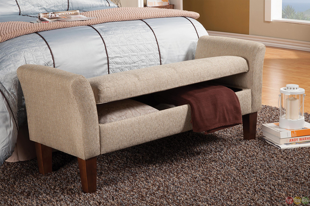 Fabric Bench With Storage
 Raised Arm Light Tan Fabric Upholstered Storage Bench