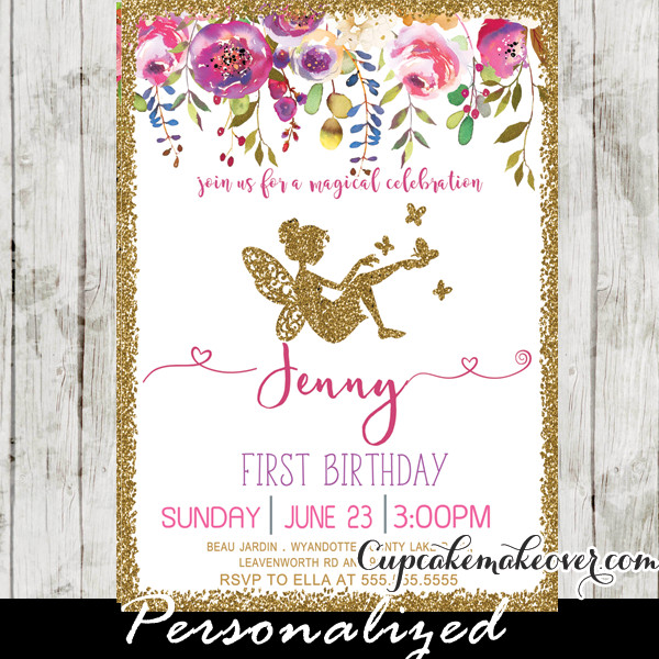 Fairy Birthday Party Invitations
 Fairy First Birthday Invitations Pink Floral Gold Glitter