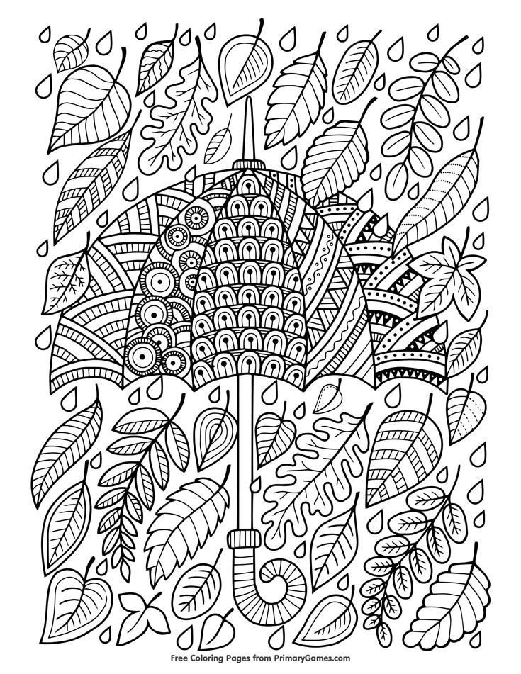 Fall Coloring Pages Adults
 Fall Coloring Page Umbrella and Leaves