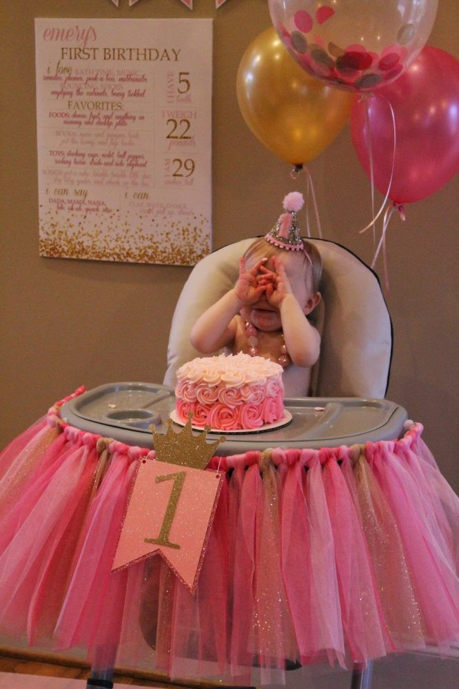 First Birthday High Chair Decorations
 21 Pink and Gold First Birthday Party Ideas Pretty My Party