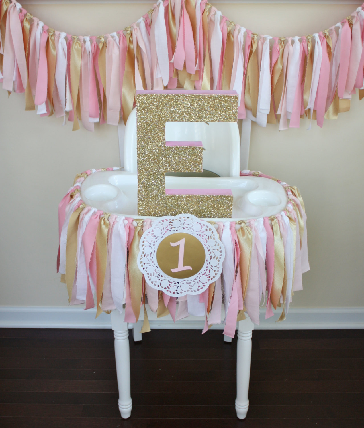 First Birthday High Chair Decorations
 Pink and Gold Shabby Chic Rag Tie Garland Highchair Banner