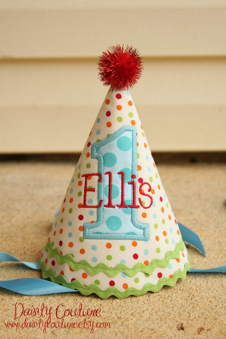 First Birthday Party Hat
 Boys First Birthday Party Hat Preppy dots in red aqua